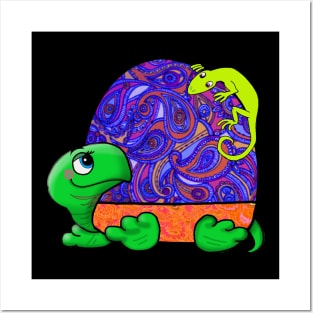 Psychedelic turtle with friend Posters and Art